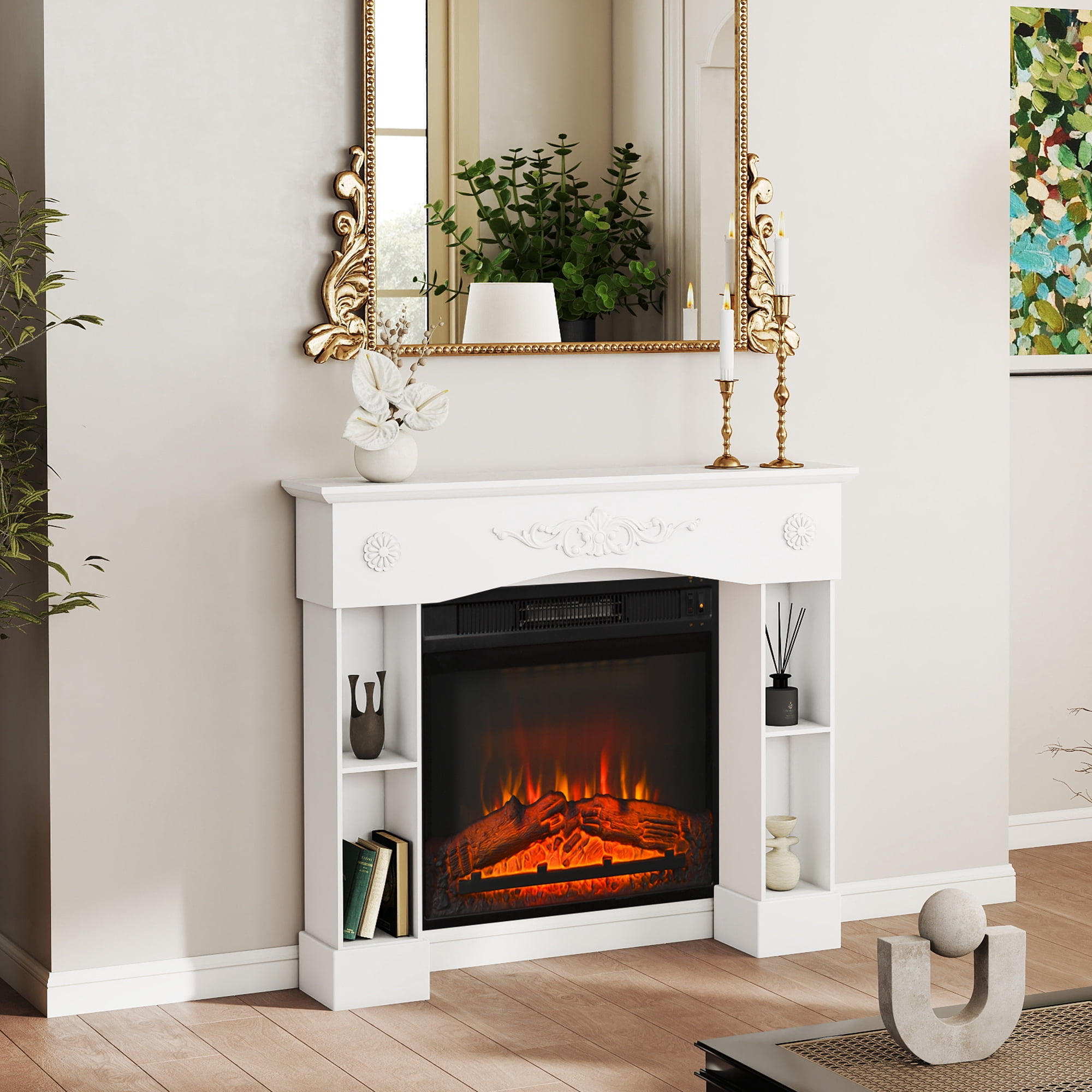 HOMCOM Baroque Fireplace Mantel, Freestanding Fireplace Surround for Electric Fireplaces, with Leg, 45.3" W x 39.4" H, White