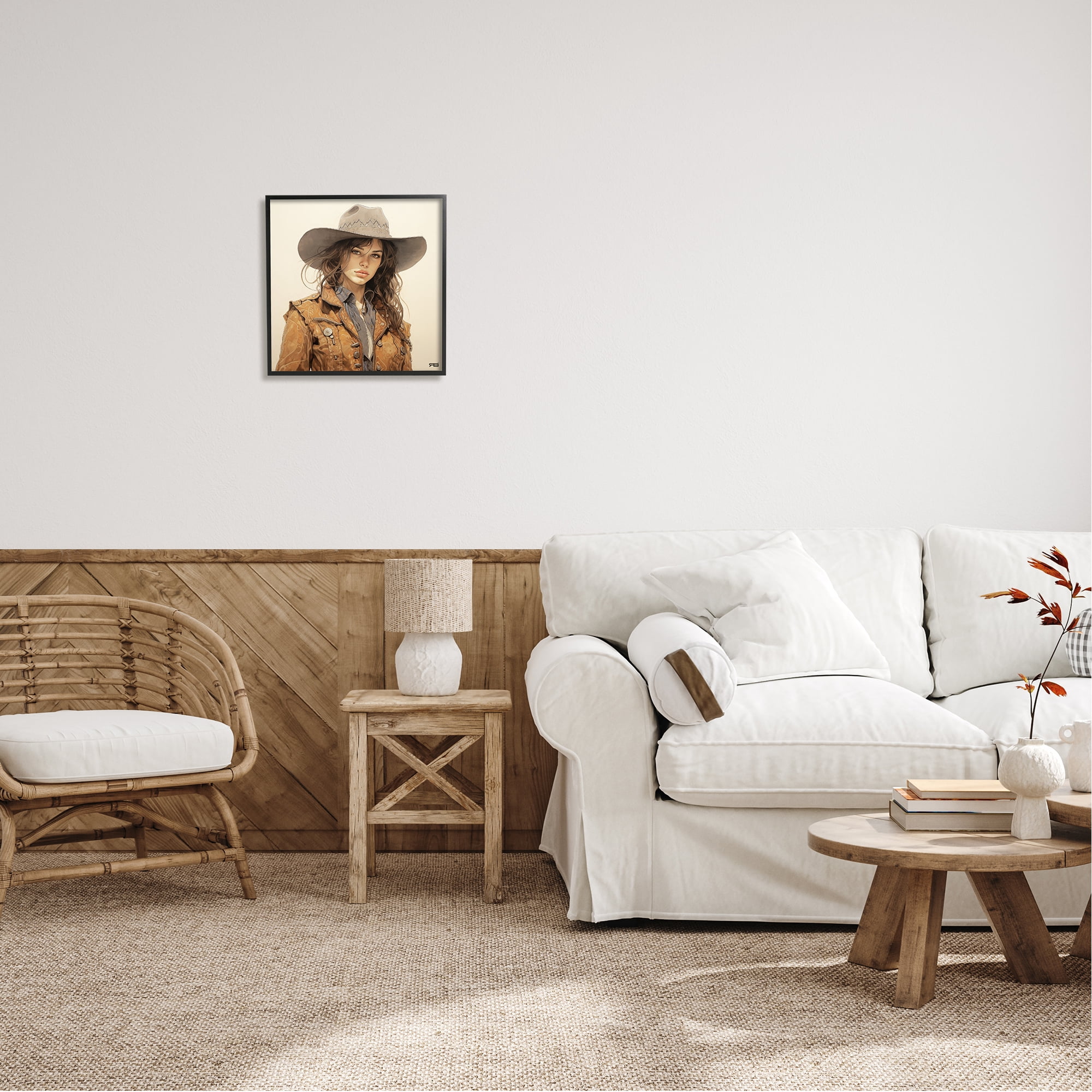Stupell Industries Brunette Cowgirl on Beige Abstract Painting Black Framed Art Print Wall Art, 17 x 17