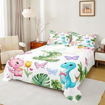 Castle Fairy Kawaii Dinosaur 4 Pieces Queen Sheet Sets for Children Kids Boys,Flying Butterflies Ultra Soft Flat Sheet,Cartoon Dino Queen Fitted Sheet,Microfiber Bedroom Decor