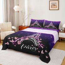 jejeloiu Kawaii Butterfly Twin Sheet Set,Eiffel Tower Pink Purple Black,Luxury Decor For Girls,3-Piece