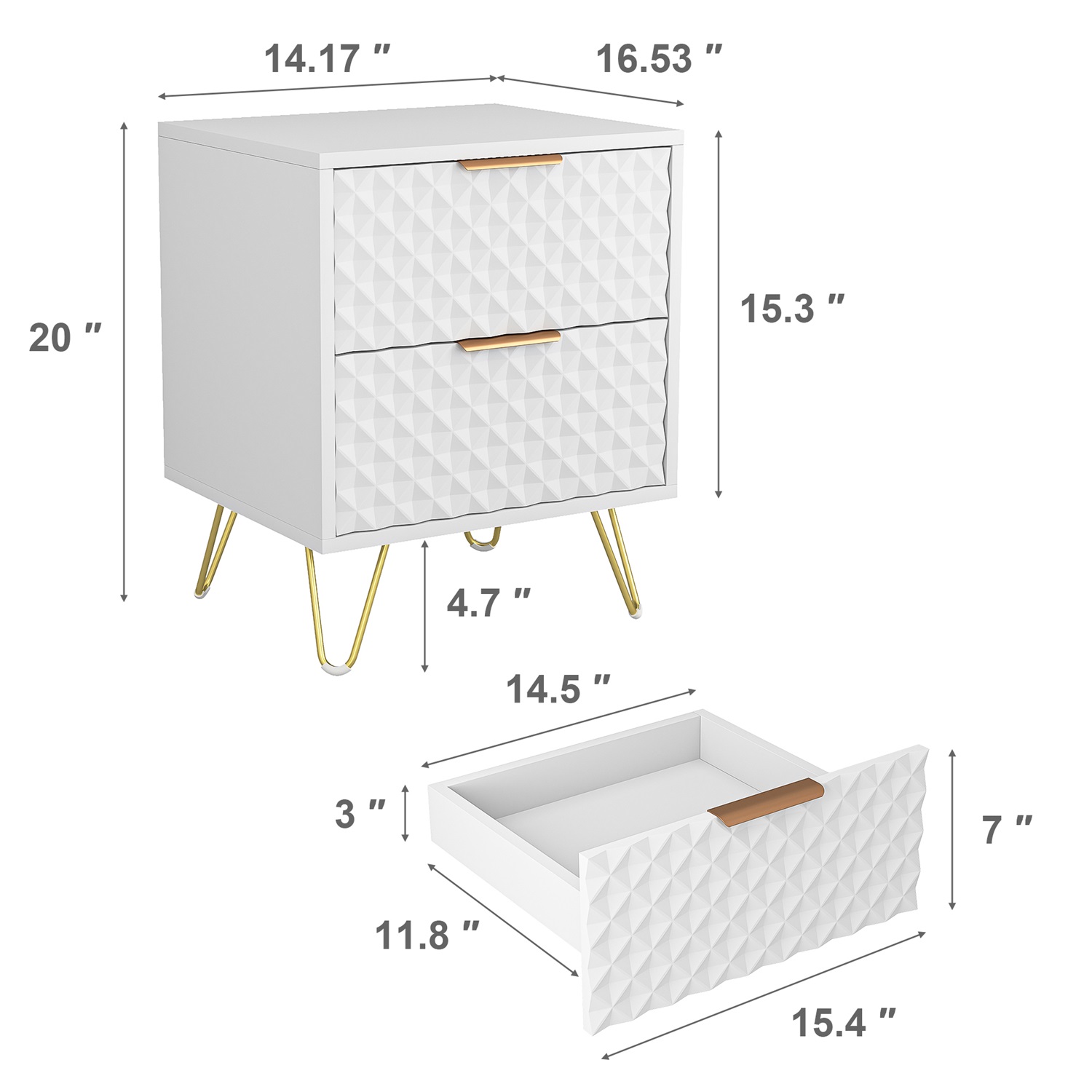 Hommoo Nightstand Set of 2, Carving Texture Night Stand End Side Tables, Modern Bedside Tables with 2 Drawers, for Bedroom Living Room, White