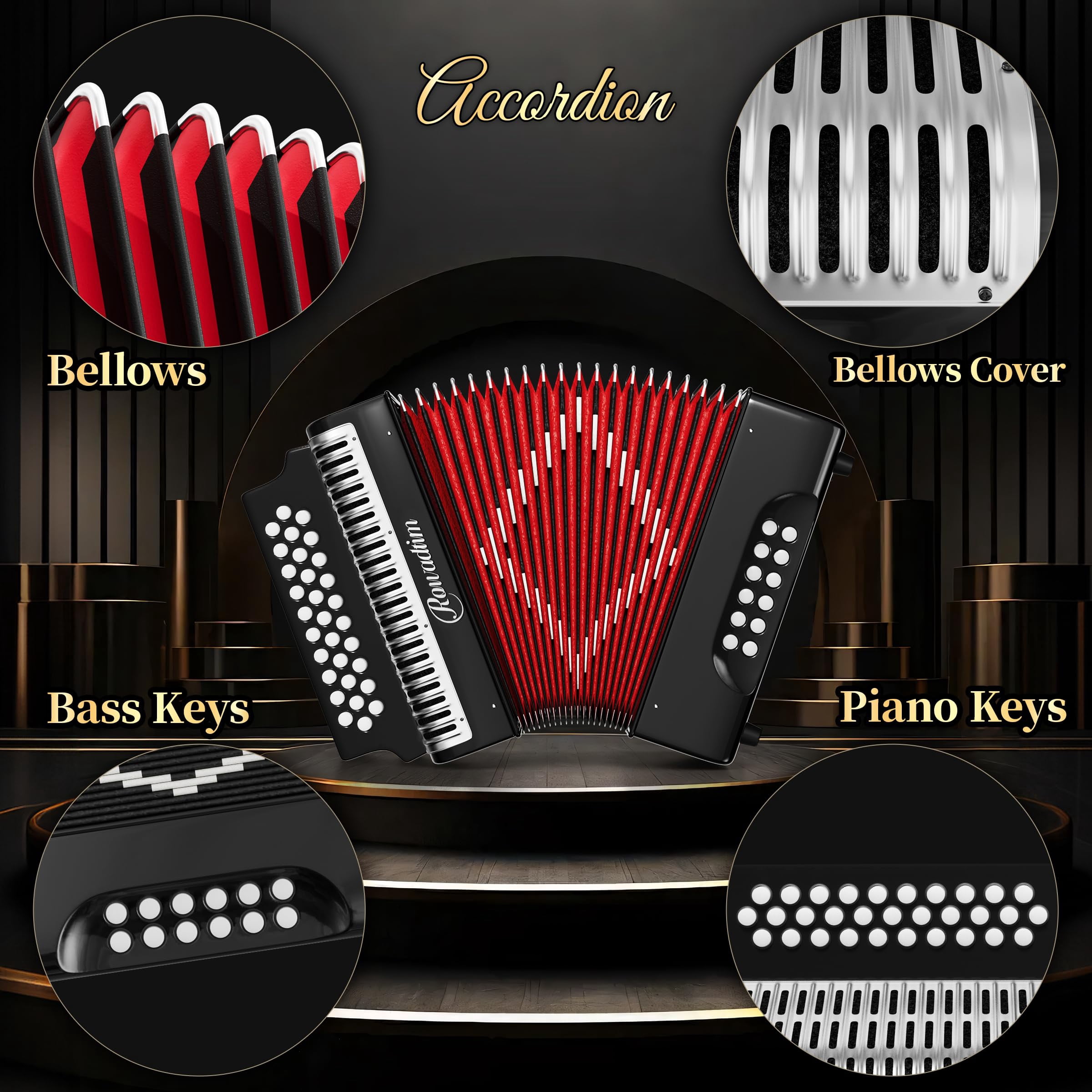 Accordion - 31 Key Diatonic, 12 Bass Buttons (G/C/F Tuning), Push-Pull Isochord Design, Beginner-Friendly Adult Set with Case, Gloves & Cleaning Wipes