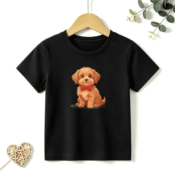 Girls Graphic Tees Cute Puppy Dog Red Bowtie Kids T Shirt Pet Cute 100% Cotton Short Sleeve Soft Tops 4-13Y