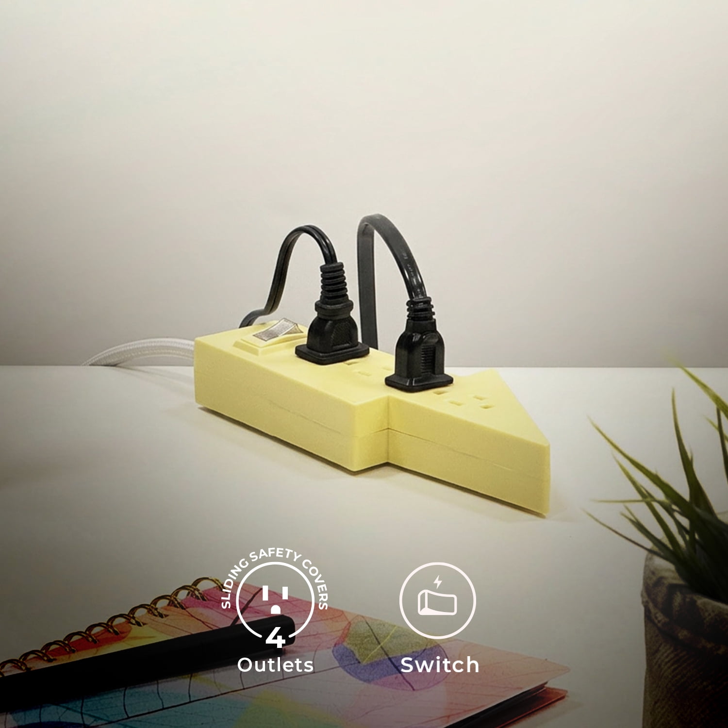 Globe Electric 4-Outlet Indoor Power Strip, 3 ft Braided Fabric Cord, Flat Plug, Yellow