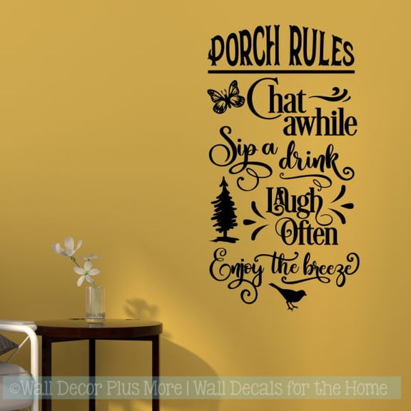 Porch Rules Chat Sip Laugh Farmhouse Wall Decals Quote Decor Art Removable Vinyl Sticker 20x37-Inch Black