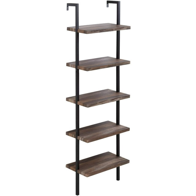 5Shelf Bookcase Open Wall Mount Ladder Bookshelf with Industrial Metal