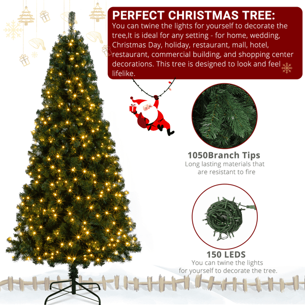 Alvantor 6 ft Artificial Christmas Tree with 1,050 PVC Branch Tips, 150 Warm White LED Lights and Remote, Green