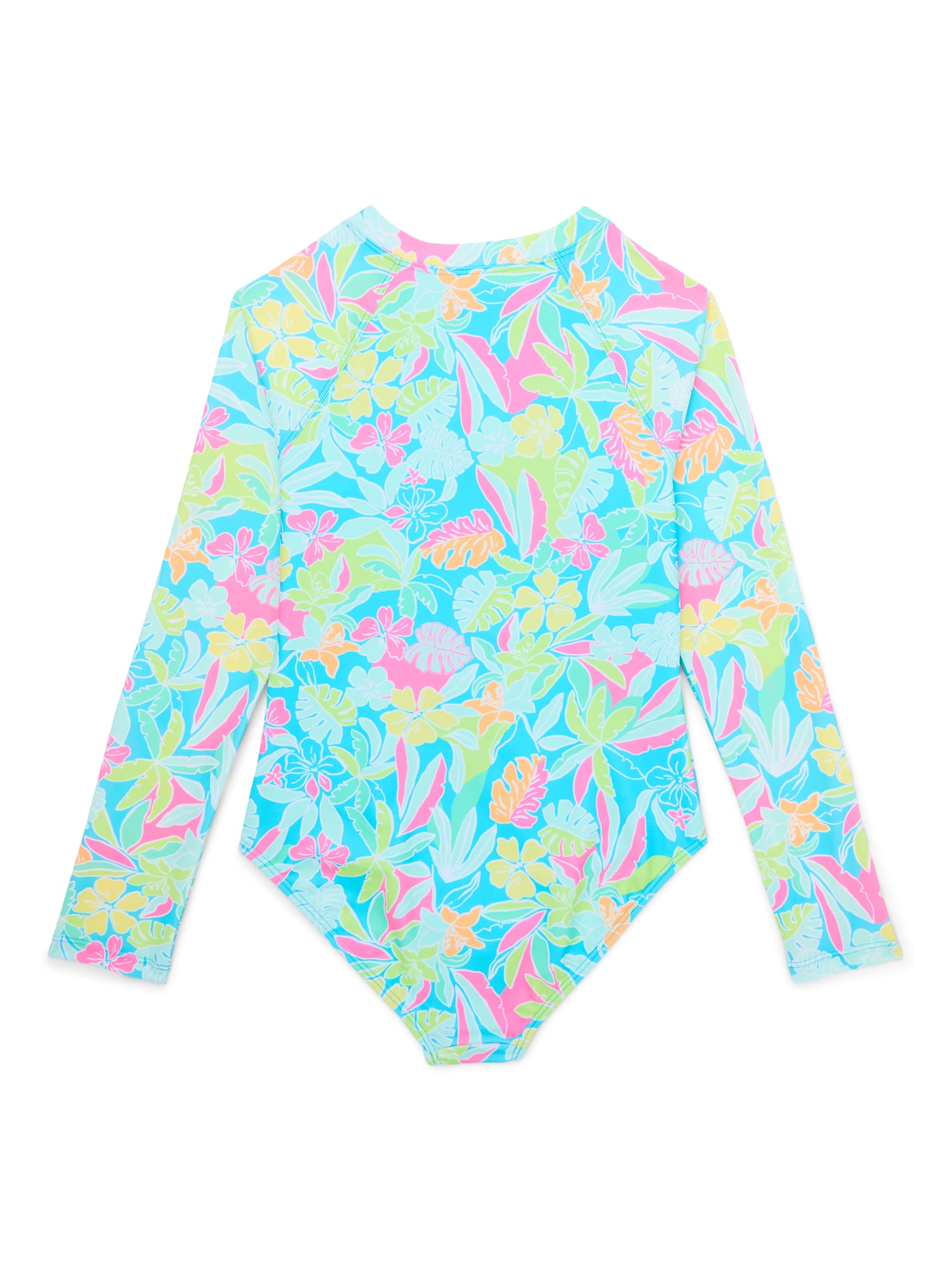 Wonder Nation Girls Printed Zip Rash Guard One-Piece Swimsuit with UPF50+, Sizes 4-18 & Plus
