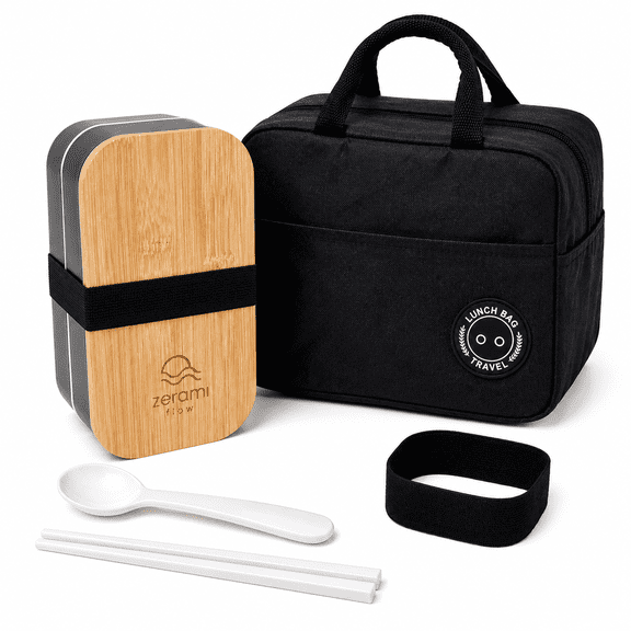 ZeramiFlow Leak-Proof Bento Box for Adults, 40 oz Dual-Tier Lunch Box with Bamboo Lid, Utensils, Insulated Lunch Bag & Extra Elastic Strap, Black