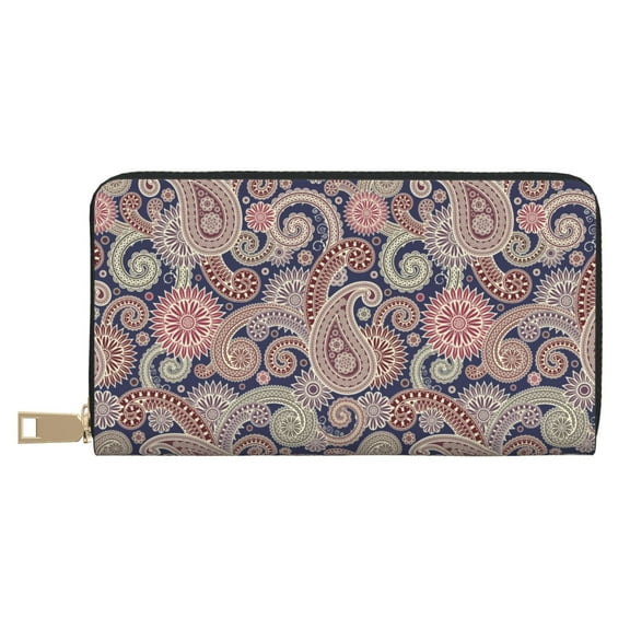 Leather Thin Slim Wallets for Women Men - Indian Paisley Pattern Clutch Card Wallet for Women Men with Zipper