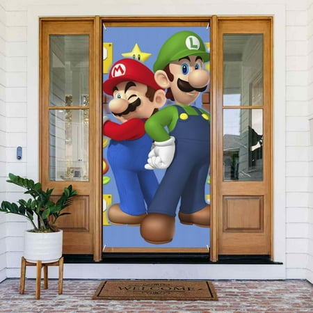 Super Mario Luigi Door Cover Decorated Banner Tapestry Home Decoration Holiday Party Supplies Door Banner Porch Sign Banner 72.8 x 35.4 Inch