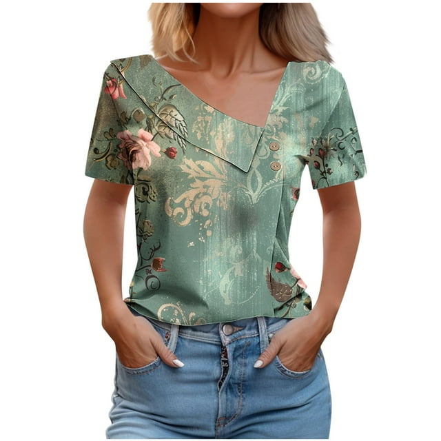Top de Verano Mujeres Cuello en V Casual Top de Manga Corta, Ligera Primavera Y Blusa de Verano para las Mujeres