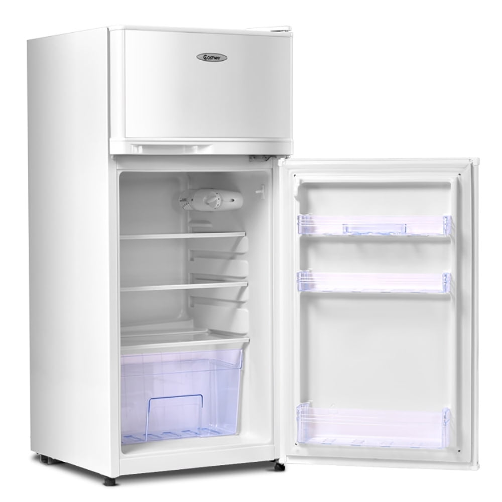Kadyn 3.4 Cu ft Refrigerator with Adjustable Thermostat, 2 Doors Cold-rolled Sheet Compact Refrigerator with Freezer, Stainless Steel, Glass, White