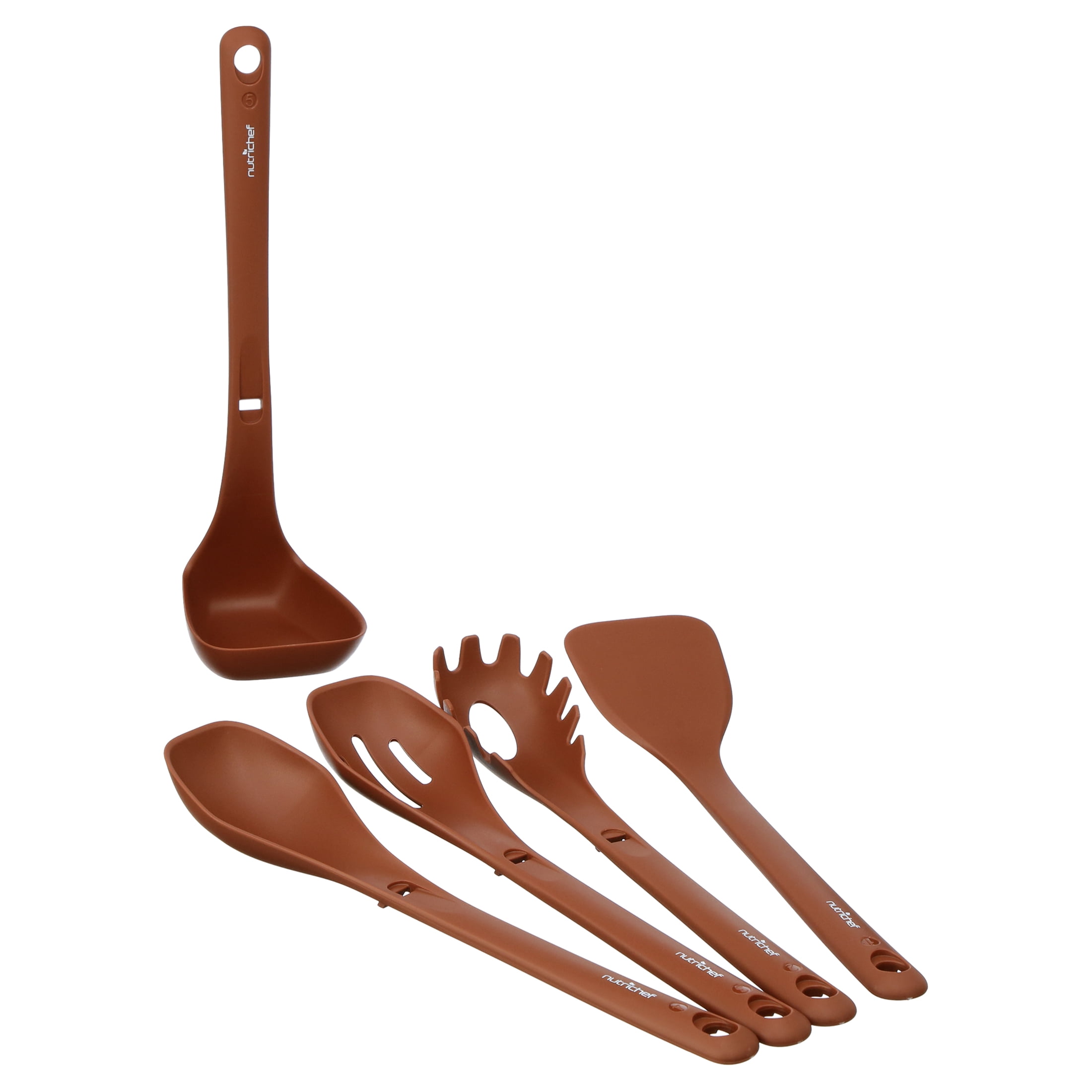 NutriChef 17 Piece Non-Stick Cookware Set, Pots & Pans with foldable Knob, Space Saving, Stackable, Nylon Tools Set, Induction Base, Brown
