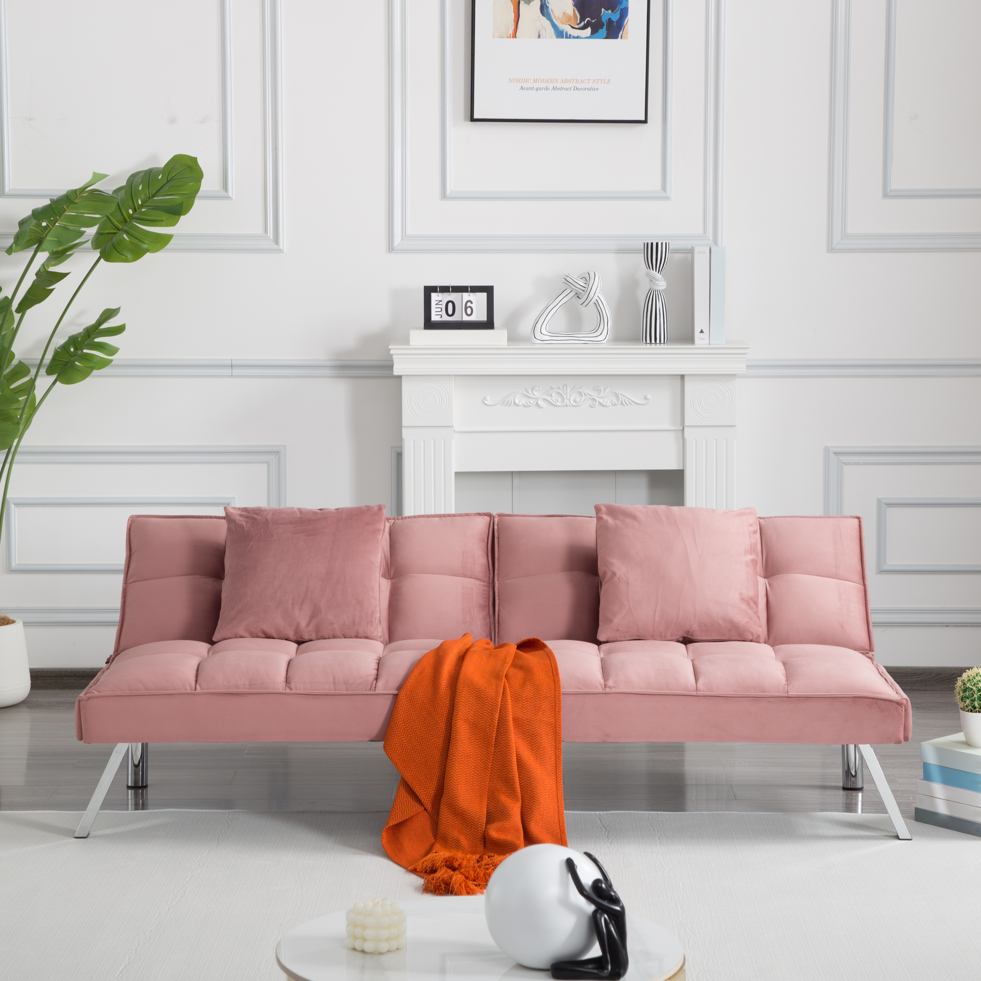 Gewnee Modern Velvet Futon Sofa Bed,67.7" Convertible Sleeper Sofa Bed with Throw Pillows，5 Adjustable Backrest Angles,Loveseat for Small Place,Rose Red