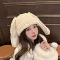 thumbnail image 3 of comerut Women Winter Hat Long Bunny Ear Decor Knitted High Elasticity Warm Thick Soft Ear Protection Solid Color Windproof Anti-slip Decorative Lady Cap, 3 of 8