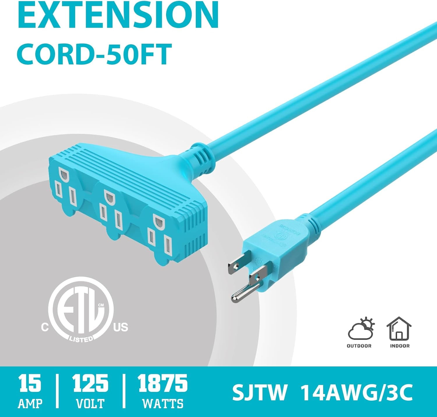 DuraTech Extension Cord 50 ft, Outdoor Extension Cord with Multiple Outlets, 14/3 SJT, 15 Amps, 3 Prong, Heavy Duty Extension Cord Power Strip, Blue, Lighting Decorations Indoor Outdoor