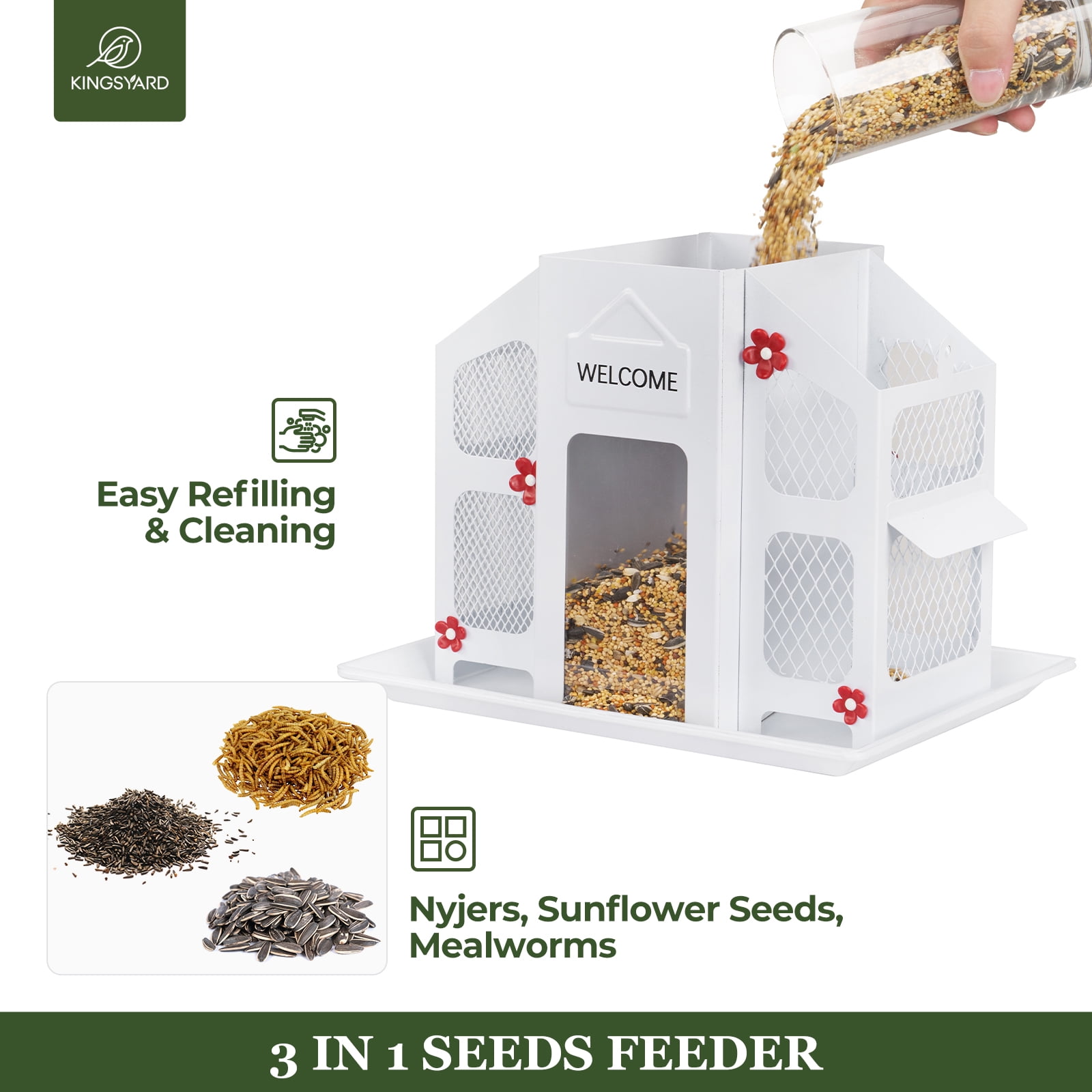 Kingsyard Metal Bird Feeder House for Outdoors Hanging, Triple Feeders for Finch Cardinal, White