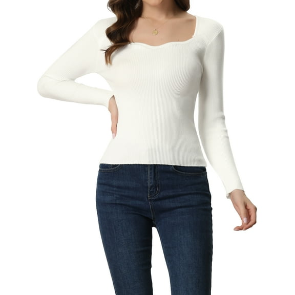 Unique Bargains Women's Pullover Sweater Long Sleeve Sweetheart Neck Sweater Top White M