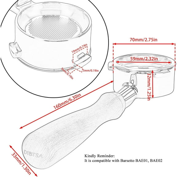 Bottomless Portafilter 58mm with 304 Stainless Steel  and Wood Handle for Barsetto BAE01/BAE02 Espresso