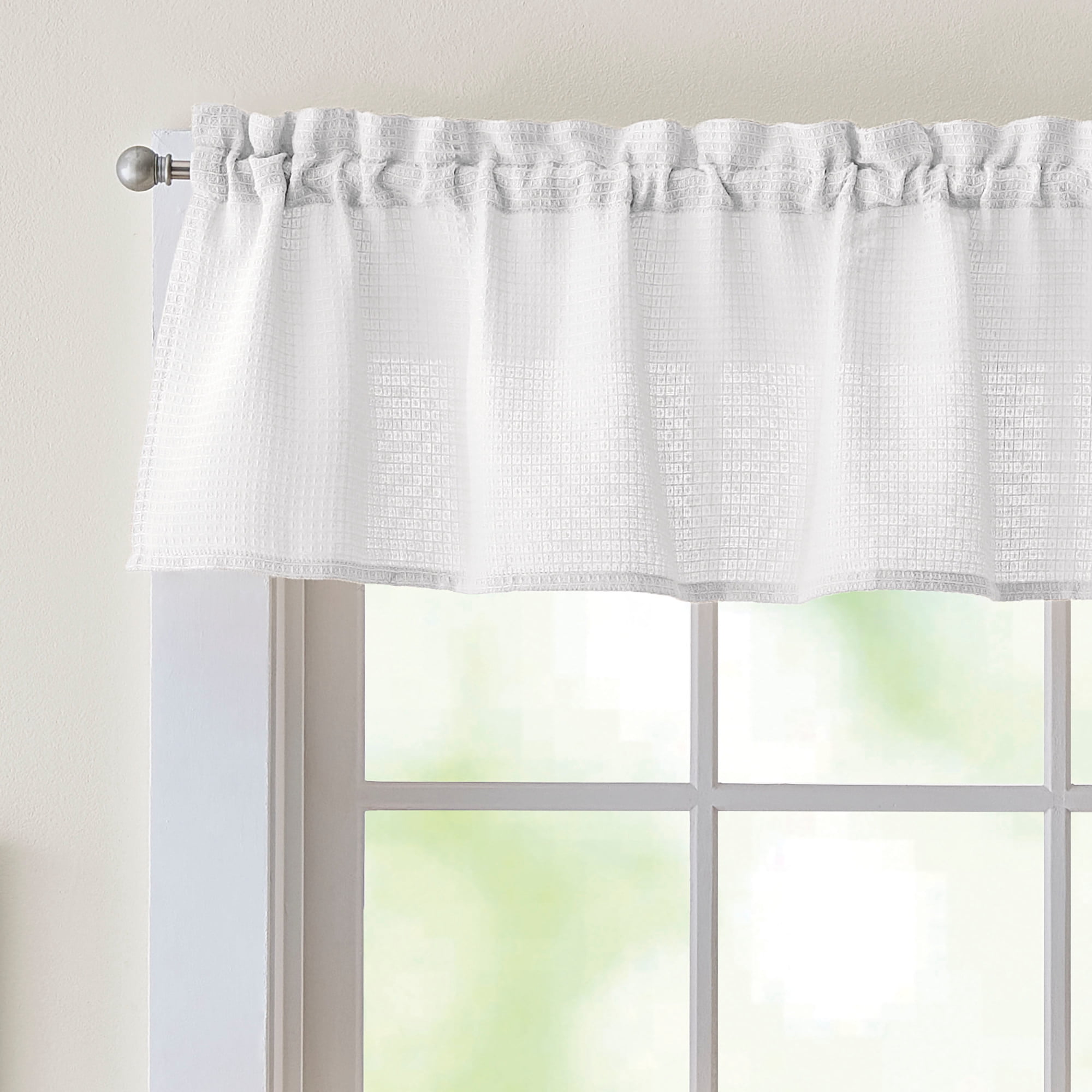 Curtainworks Eldridge Waffle 3 Piece Valance and Tier Set White, Indoor, Pole Top, 58" x 14", Adult