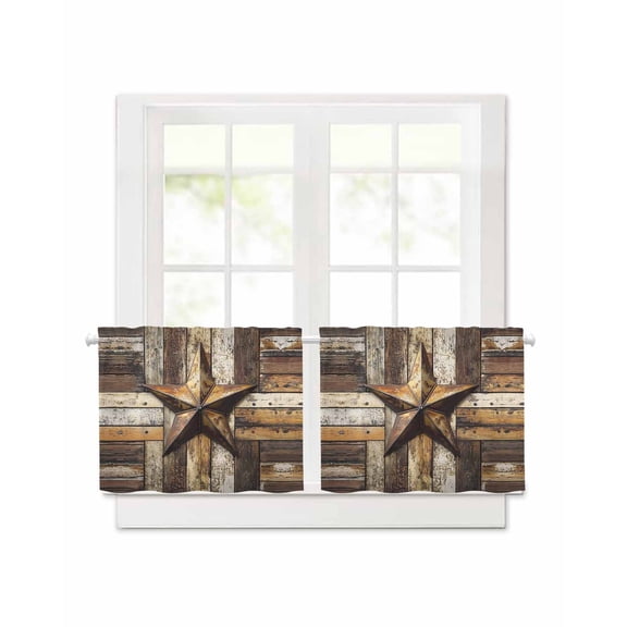 Retro Star Short Blackout Curtains 24 Inch Long Country Shabby Texas Stars Mottled Old Wood Grain Rod Pocket Kitchen Curtains, 2 Panels Thermal Insulated Room Drapes for Bedroom, 42"W x 24"L