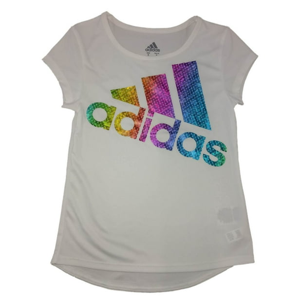 Adidas Girls White Metallic Rainbow Athletic T-Shirt Work Out Tee Shirt