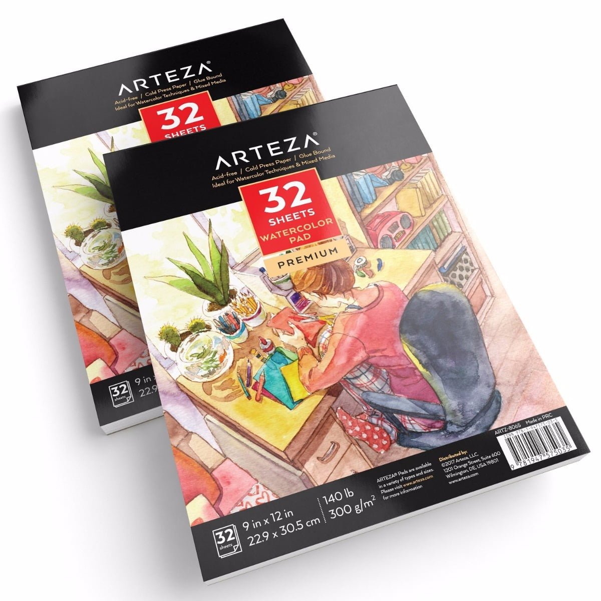 Arteza 9" x 12" Cold-Pressed Watercolor Paper Pad, 32 Sheets, Set of 2