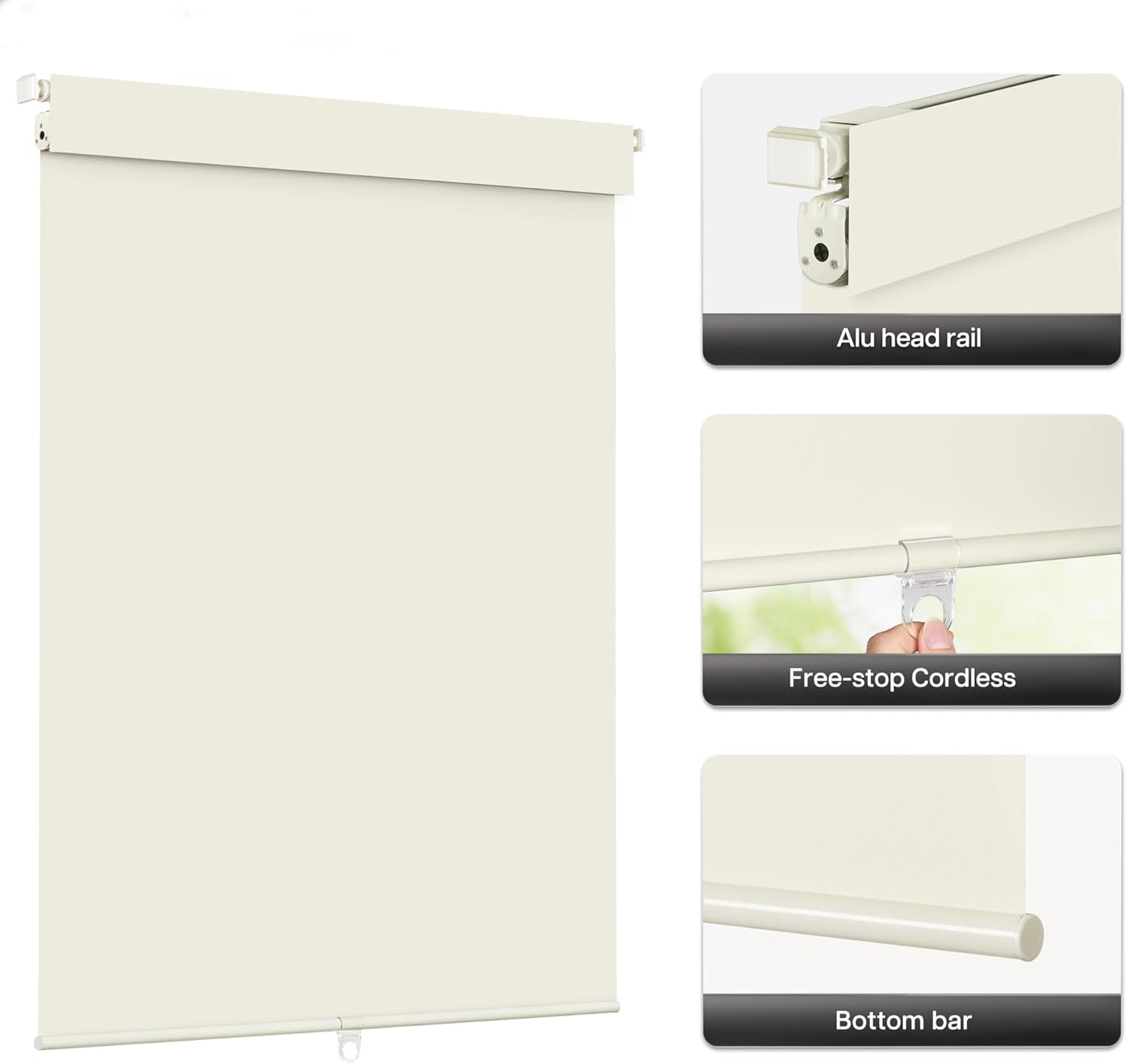 LazBlinds No Drill Blinds for Indoor Windows, Blackout Roller Shades, Cordless Window Blinds, Thermal Insulated Fabric UV Protection, for in Home and Office, 31" W x 72" H, Cream