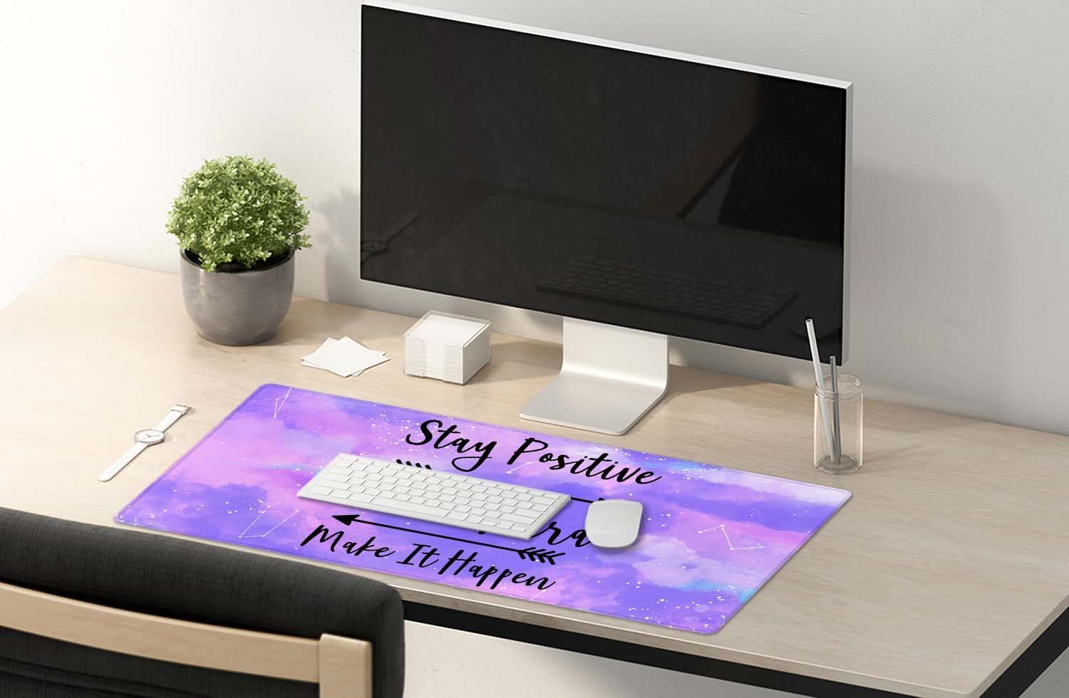 Large Mouse Pad, Full Desk XXL Extended Gaming Mouse Pad 35.5" X 15.7", Stay Positive Work Hard and Make It Happen Inspirational Quotes Mousepad Art Pink Purple Starry Sky Black Quote Desk Mat