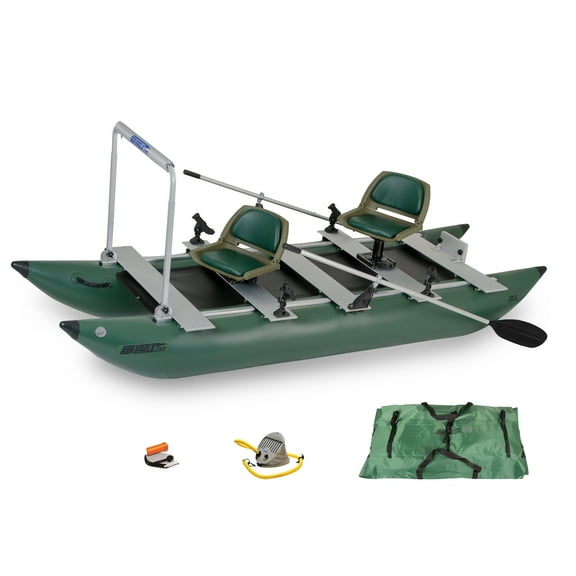 Sea Eagle 375fc FoldCat 1-2-Persons Inflatable Fishing Pontoon Boat, Lightweight & Portable, w/2 Green Swivel Seats, Pedestal, Oar Set, Scotty Rod Holders, Boat Bag, & Pump- Pro Angler Guide Package