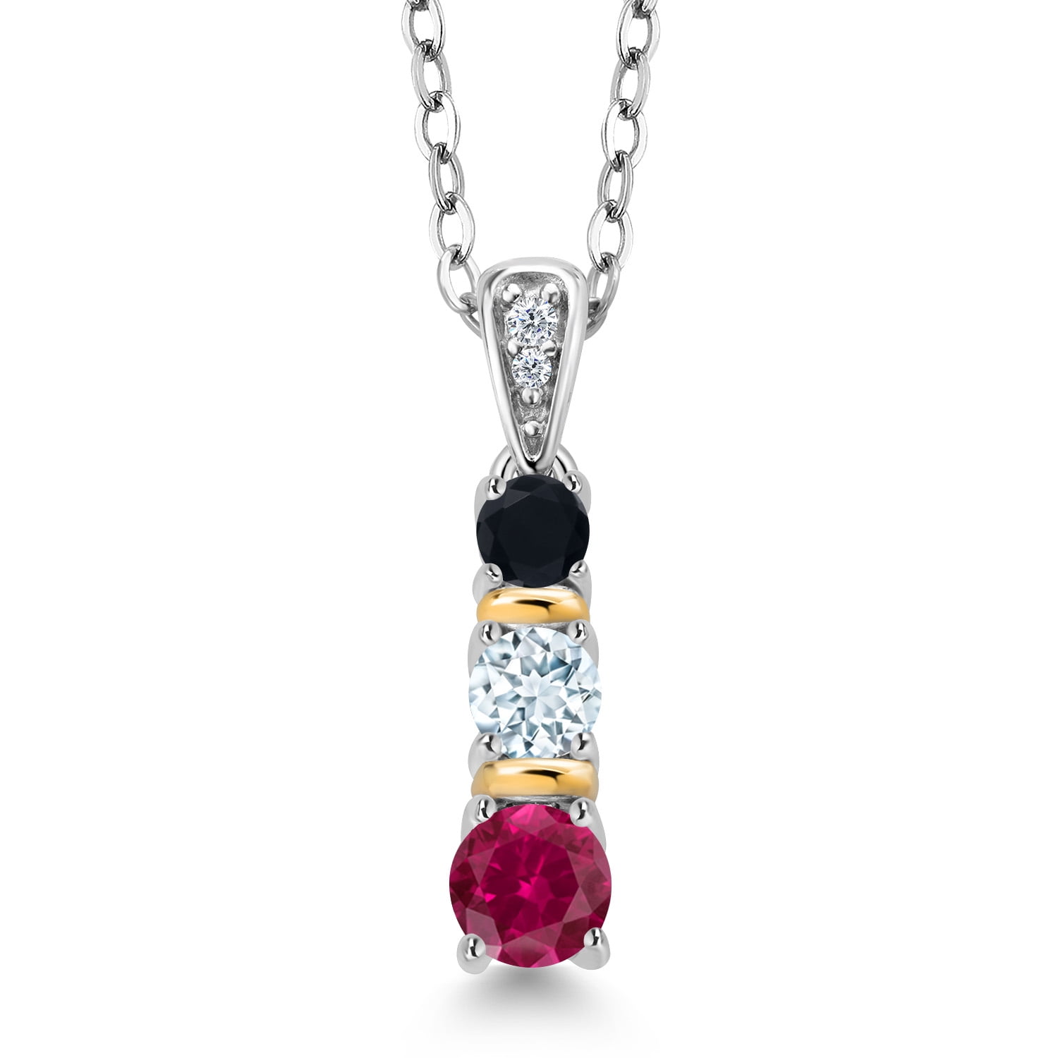 Gem Stone King 925 Silver and 10K Yellow Gold Round Red Created Ruby Sky Blue Aquamarine and Black Onyx Pendant Necklace for Women (0.52 Cttw, Gemstone July Birthstone, with 18 inch Chain)