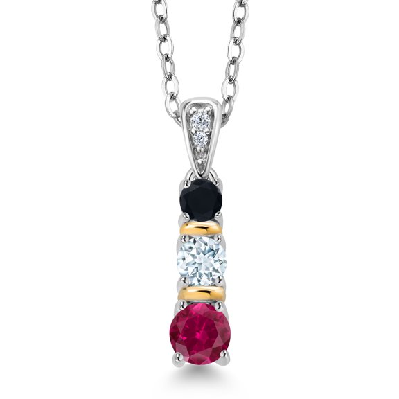 Gem Stone King 925 Silver and 10K Yellow Gold Round Red Created Ruby Sky Blue Aquamarine and Black Onyx Pendant Necklace for Women (0.52 Cttw, Gemstone July Birthstone, with 18 inch Chain)
