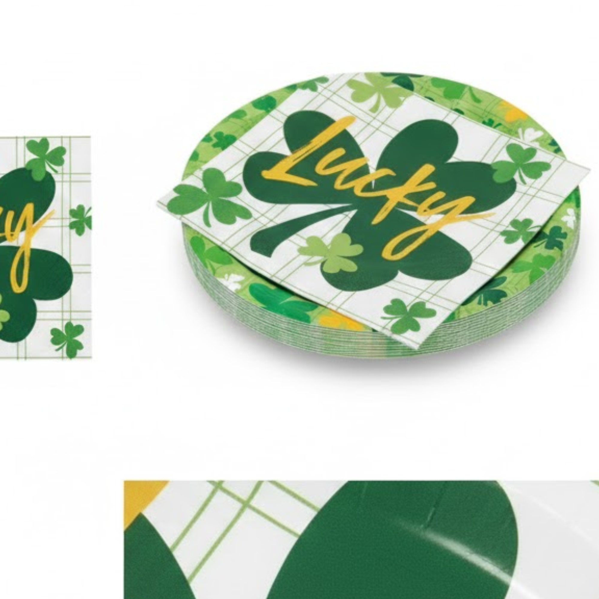 St. Patrick’s Day Party Supplies Set – Shamrock Dessert & Appetizer Plates -16 Count, 7" & “Let the Shenanigans Begin” Beverage Napkins -16 Count – Disposable Paper Plates & Napkins