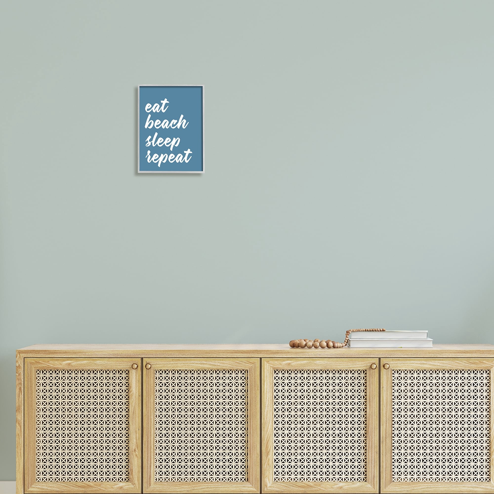 Stupell Industries Eat Beach Sleep Repeat Blue Script Phrase Graphic Art Gray Framed Art Print Wall Art, Design by Lettered and Lined