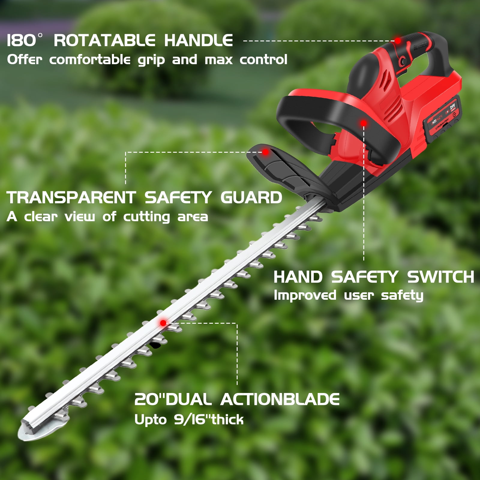 Cordless Hedge Trimmer, UNTIMATY 21V Rechargeable Hedge Trimmer with 22" Double Action Blade, Double Safety Handle, 3.0Ah Battery & Charger, for Shrub Cutting, Trimming