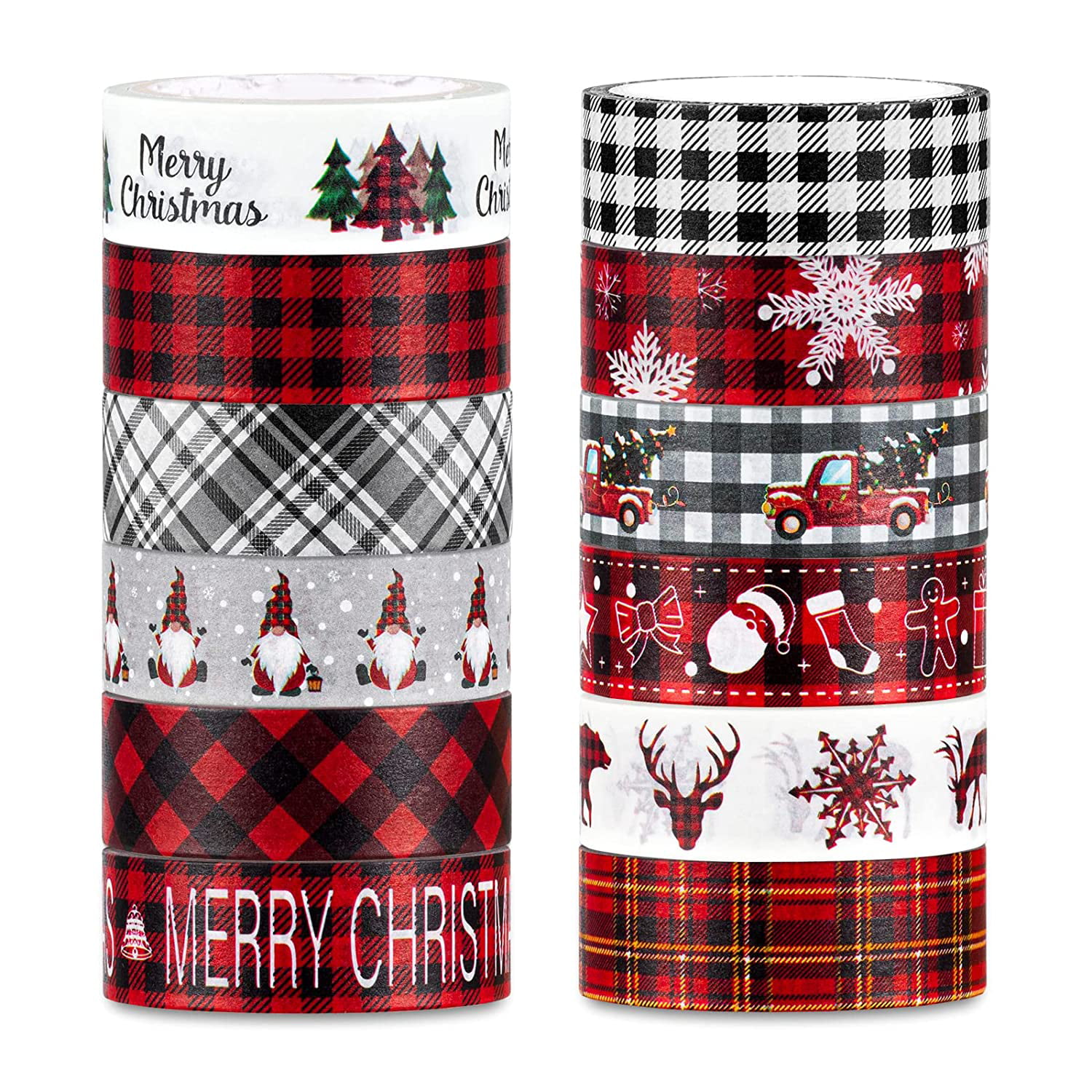 Whaline 12 Roll Christmas Plaid Washi Tape Red Black White Buffalo Check Holiday Washi Masking Tape Xmas Tree Gnome Snowflake Pattern Decorative Tape for Scrapbook Journal DIY Craft Gift Wrapping