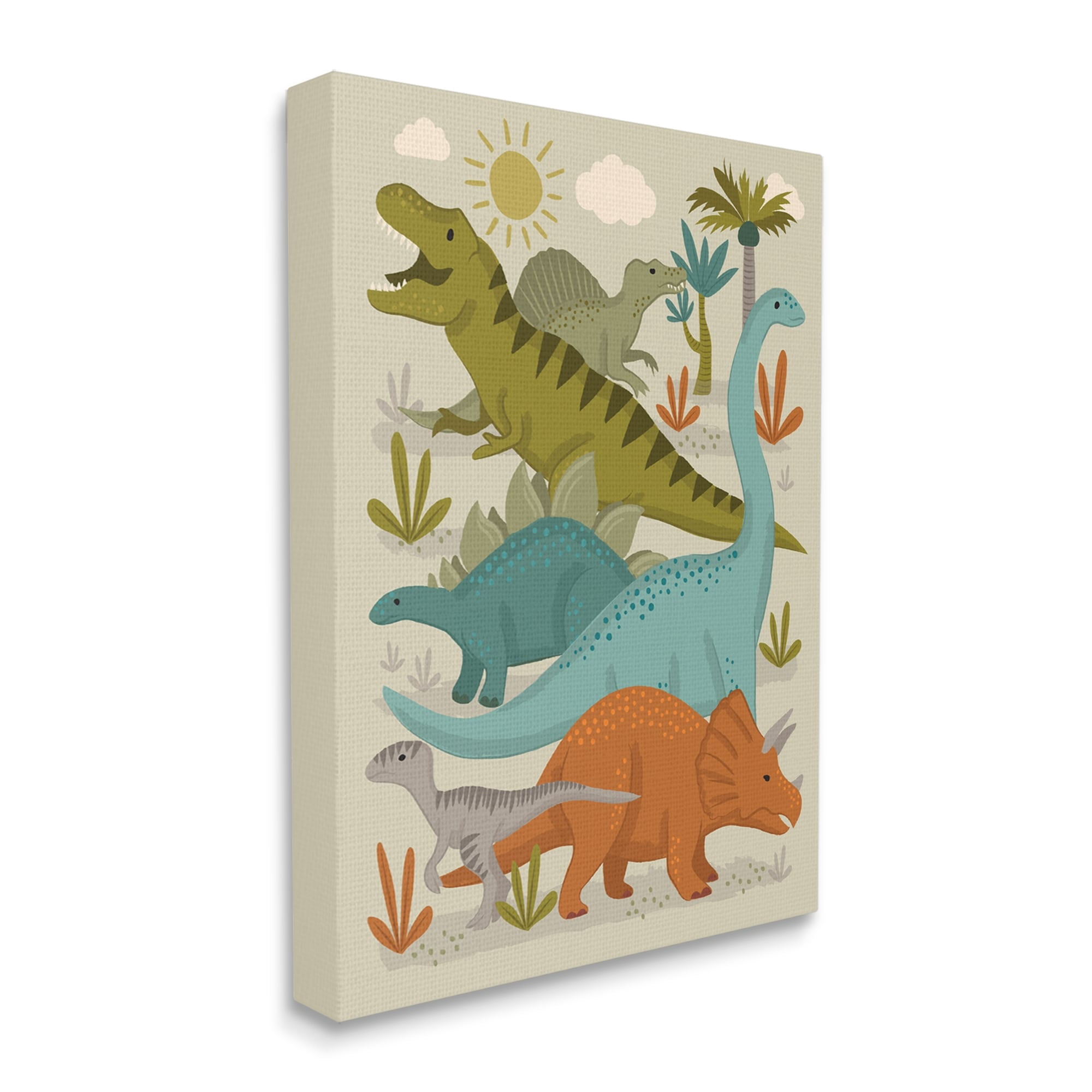 Stupell Industries Mixed Dinosaurs Grazing Wildlife Botanicals Sunny Day Canvas Wall Art, 16 x 20, Design by Lisa Perry Whitebutton