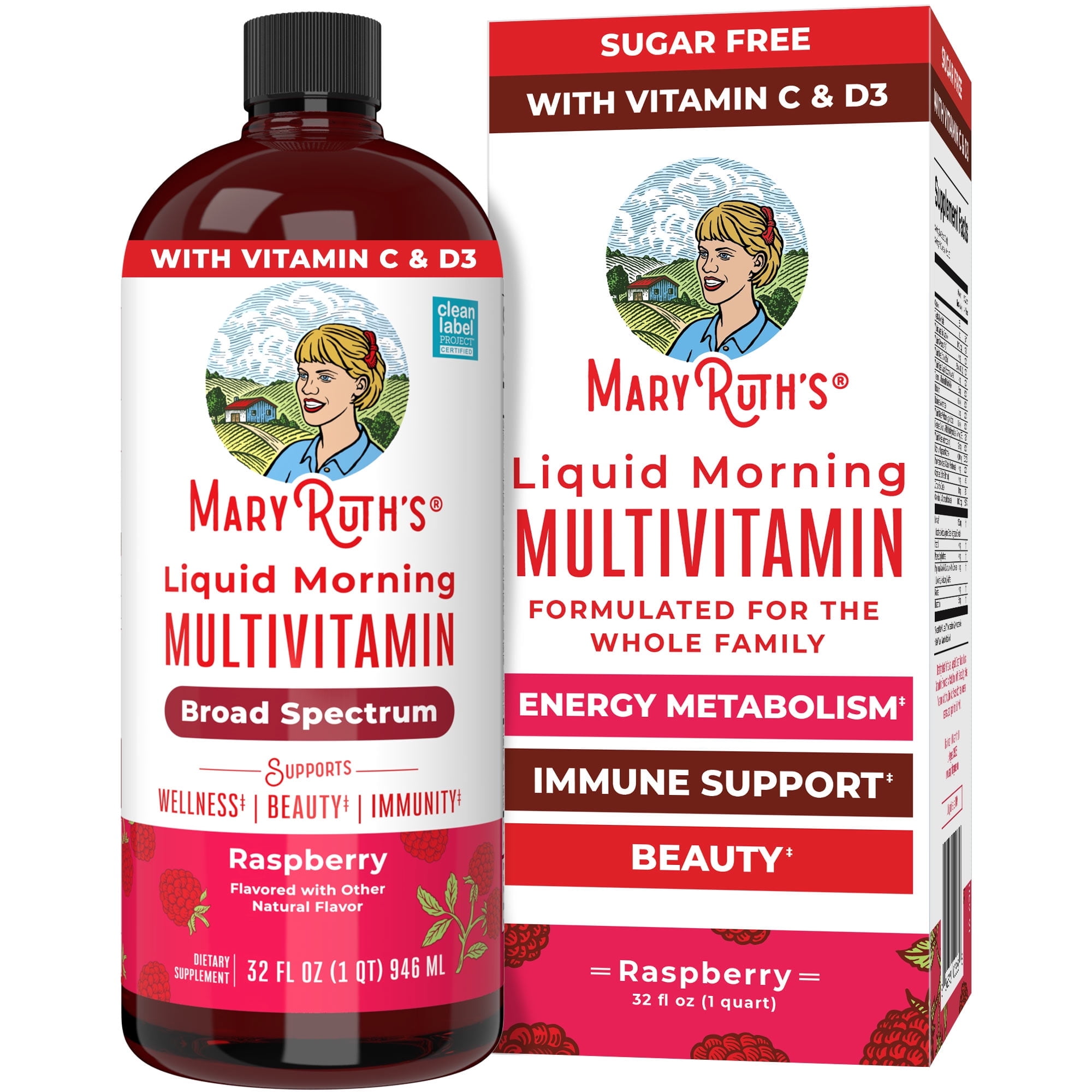 MaryRuth's Morning Multivitamin Liquid, Raspberry Flavor, Vegan, Non-GMO, Unisex, with Vitamins C and D, 1 Count, 32 fl oz