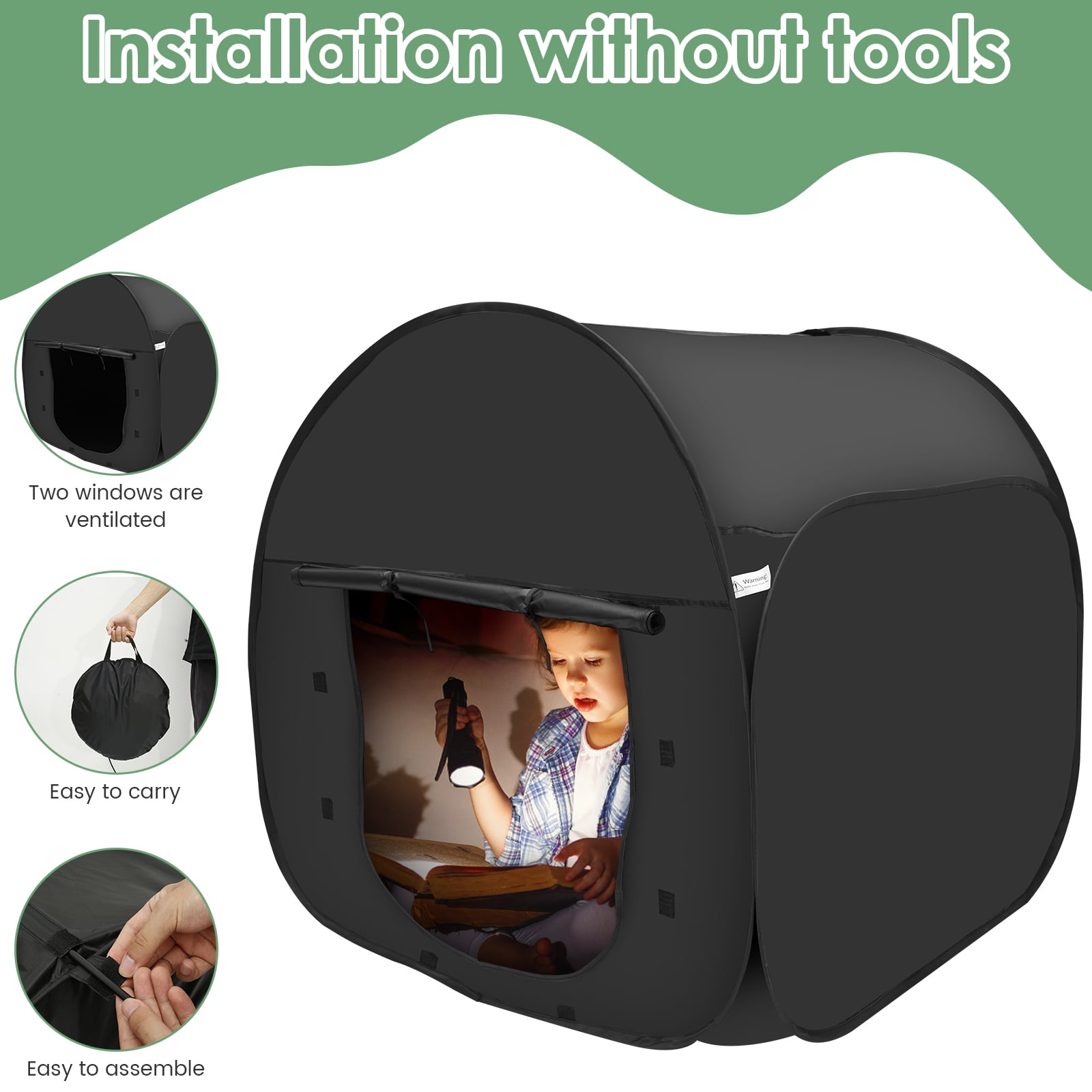 AEVXKHI Pop Up Blackout Calming Tent with 2 Windows, Easy to Set Up, Foldable Calm Down Black Tent, Comfortable Accommodate 1 to 2 People Calm Corner Tent for Kids