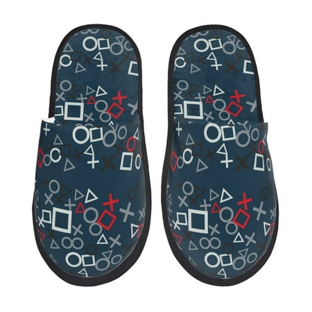 Balery Navy Blue Geometric Slient Indoor Furry Fleece Comfort House Shoes Soft Non-Slip Home Shoes Cotton slippers House Slippers-- Large