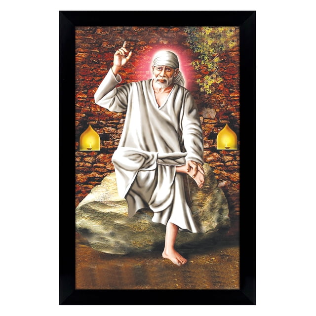 IBA Indianbeautifulart Elegant And Religious God Photo Frame Sai Baba In Sitting On Stone Poster With Frame Black Wall Frame Deity Photo Frame Wall Decor For Home/ Office/ Temple