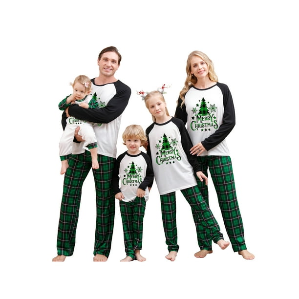 Nituyy Christmas Family Pajamas Matching Set Letter Christmas Tree Print  Long Sleeve Tops and Green Plaid Pants Sleepwear 