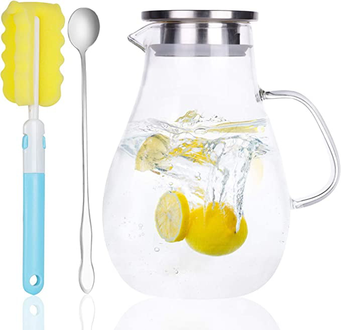 Glass Pitcher, Glass Water Pitcher with Tight Stainless Steel Lid, 68oz/2L, Heat  Resistant Borosilicate Glass Carafe, Long Handle Cleaning Brush and Mixing  Spoon, Temperature Safe - Walmart.com