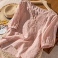 thumbnail image 3 of DeHolifer Linen Shirts for Women Summer Retro Embroidered 3/4 Sleeve Boho Peasant Tops Dressy Casual Blouses Pink M, 3 of 4