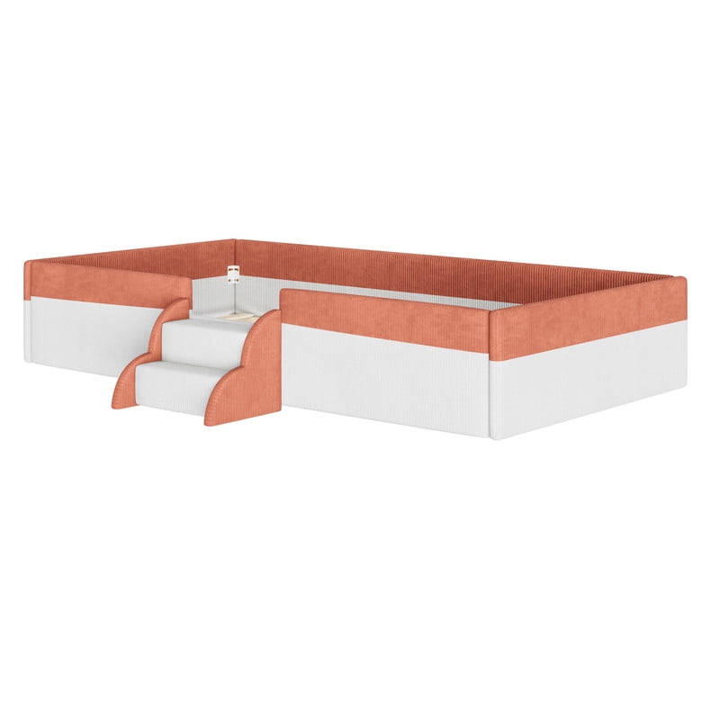 Twin Size Corduroy Upholstered Floor Bed Frame with Fence, Kids Low-Profile Platform Bed with 2-Tier Steps & Smart LED Lights