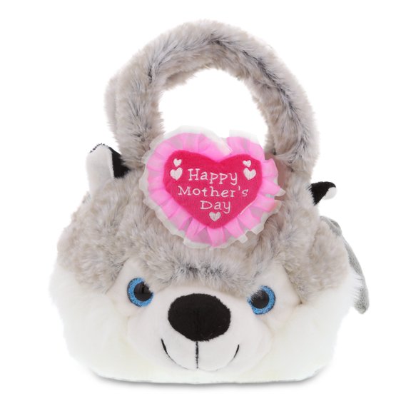DolliBu Happy Mother's Day Super Soft Plush Husky Handbag - Cute Stuffed Animal Purse with Pink Heart Message for Best Mommy, Grandma, Wife, Daughter - Cute Wild Life Plush Handbag Gift - 7.5 Inches