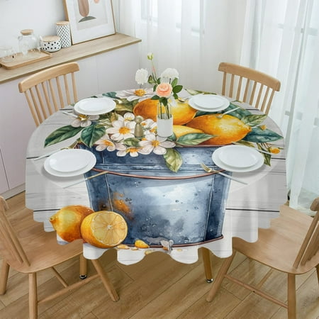

Round Tablecloth Summer Barrel Lemon Flower Wood Grains for Dining Table Waterproof Table Cover for Kitchen Living Room