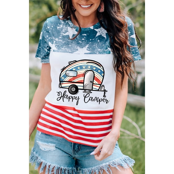 ABPHQTO Camiseta con gráfico de coche de la bandera estadounidense Happy Campers multicolor para mujer