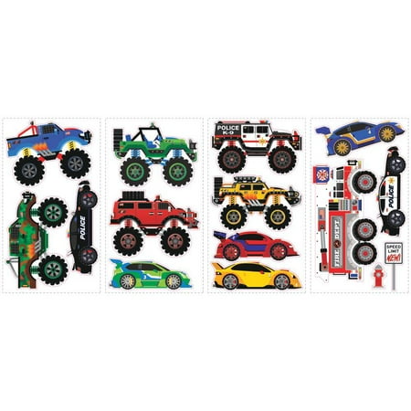Monster Trucks Wall Decals Fire Engine Police Race Car Jeep Room